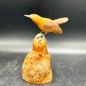 Vtg John Eliser Signed 1992 Hand Carved Wood Bird Figurine on Driftwood 4” Tall